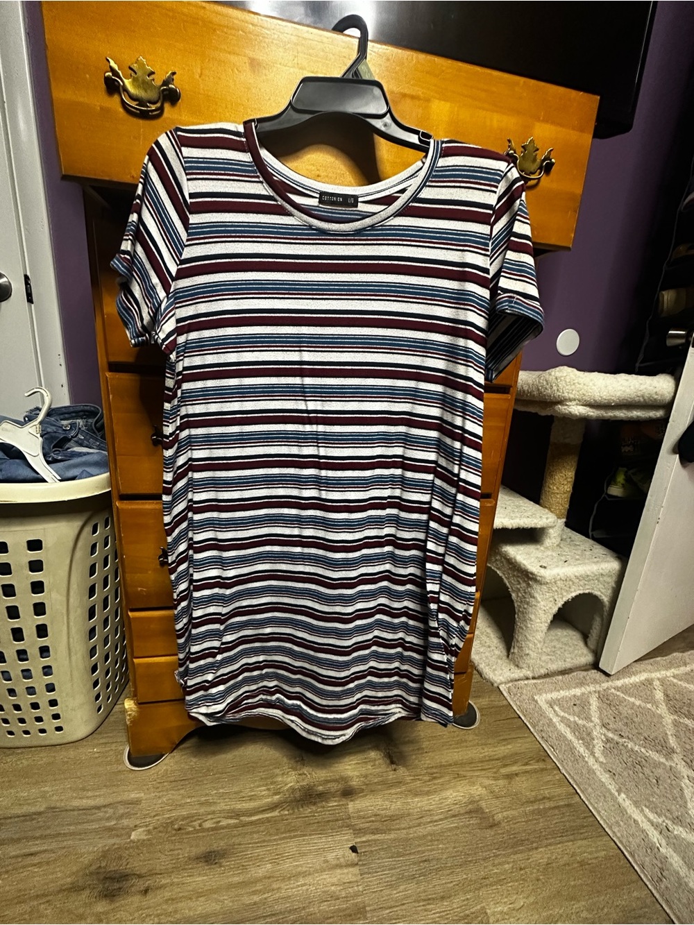 Striped Short Sleeve Tunic T shirt dress - Burgundy, Navy & White